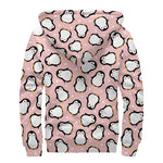 Pink Polka Dot Penguin Pattern Print Sherpa Lined Zip Up Hoodie