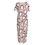 Pink Polka Dot Penguin Pattern Print Short Sleeve Long Nightdress