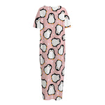 Pink Polka Dot Penguin Pattern Print Short Sleeve Long Nightdress