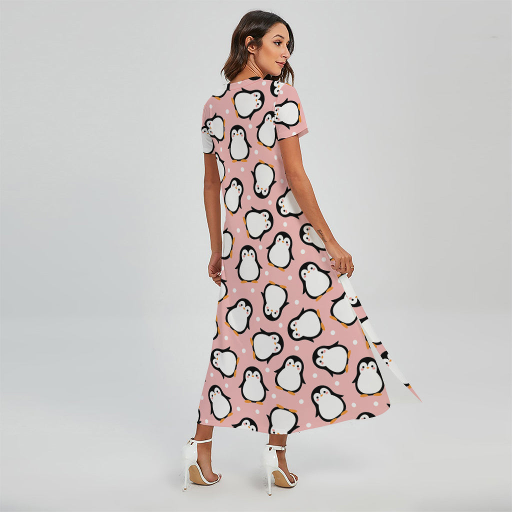 Pink Polka Dot Penguin Pattern Print Short Sleeve Maxi Dress