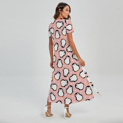 Pink Polka Dot Penguin Pattern Print Short Sleeve Maxi Dress