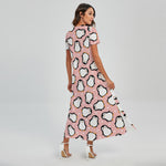 Pink Polka Dot Penguin Pattern Print Short Sleeve Maxi Dress