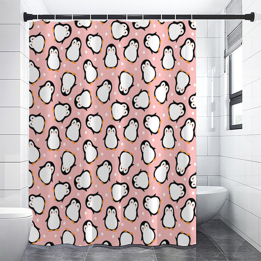 Pink Polka Dot Penguin Pattern Print Shower Curtain
