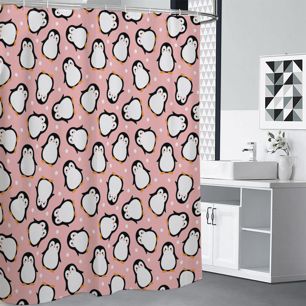 Pink Polka Dot Penguin Pattern Print Shower Curtain