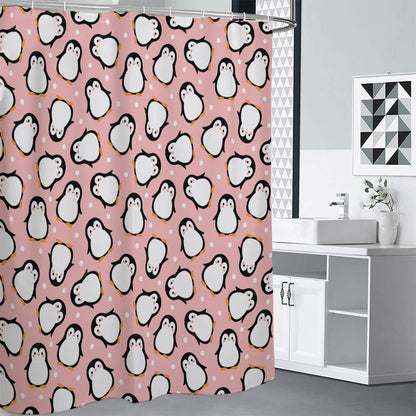 Pink Polka Dot Penguin Pattern Print Shower Curtain