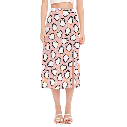 Pink Polka Dot Penguin Pattern Print Side Slit Midi Skirt