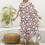 Pink Polka Dot Penguin Pattern Print Silk V-Neck Kaftan Dress