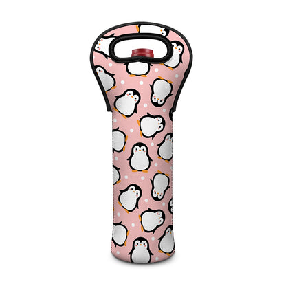 Pink Polka Dot Penguin Pattern Print Single Neoprene Wine Tote