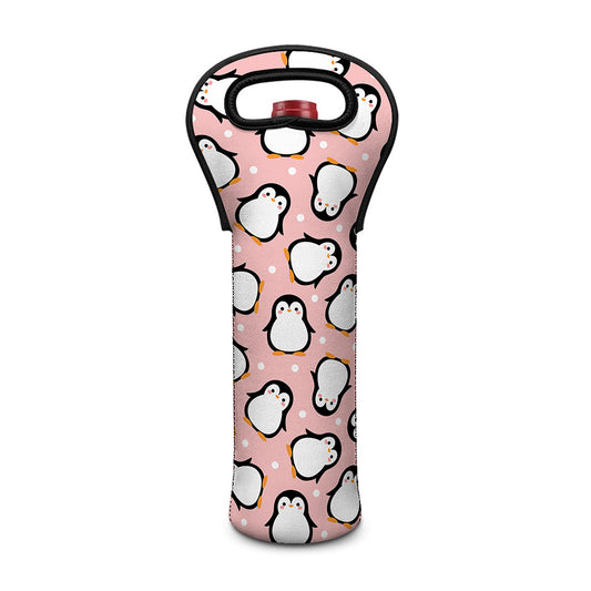 Pink Polka Dot Penguin Pattern Print Single Neoprene Wine Tote
