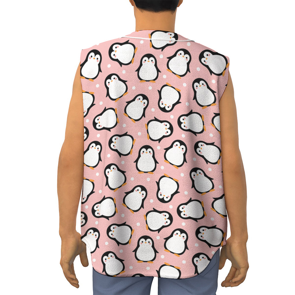 Pink Polka Dot Penguin Pattern Print Sleeveless Baseball Jersey