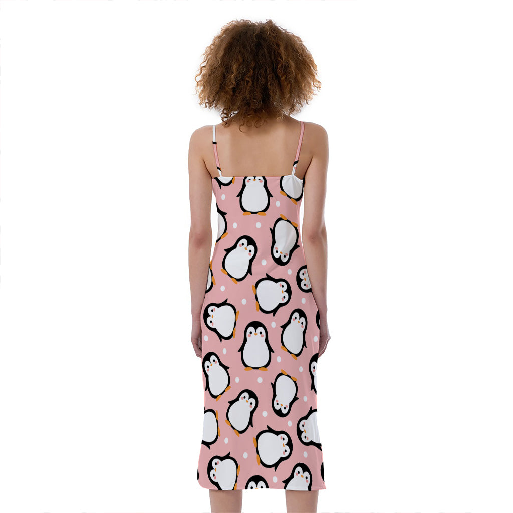 Pink Polka Dot Penguin Pattern Print Slim Fit Midi Cami Dress