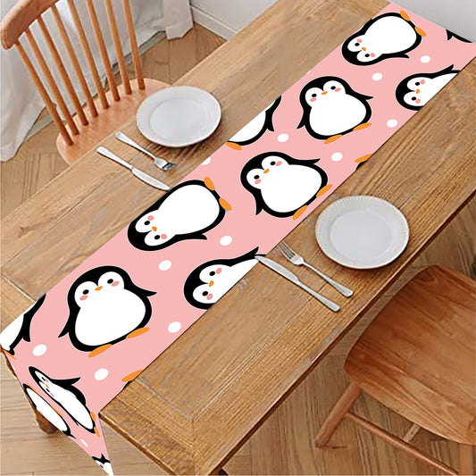 Pink Polka Dot Penguin Pattern Print Table Runner