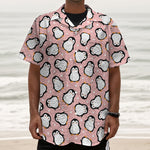 Pink Polka Dot Penguin Pattern Print Textured Short Sleeve Shirt