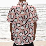 Pink Polka Dot Penguin Pattern Print Textured Short Sleeve Shirt