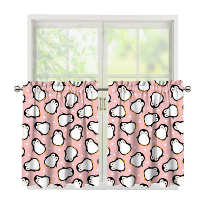 Pink Polka Dot Penguin Pattern Print Tier Curtains