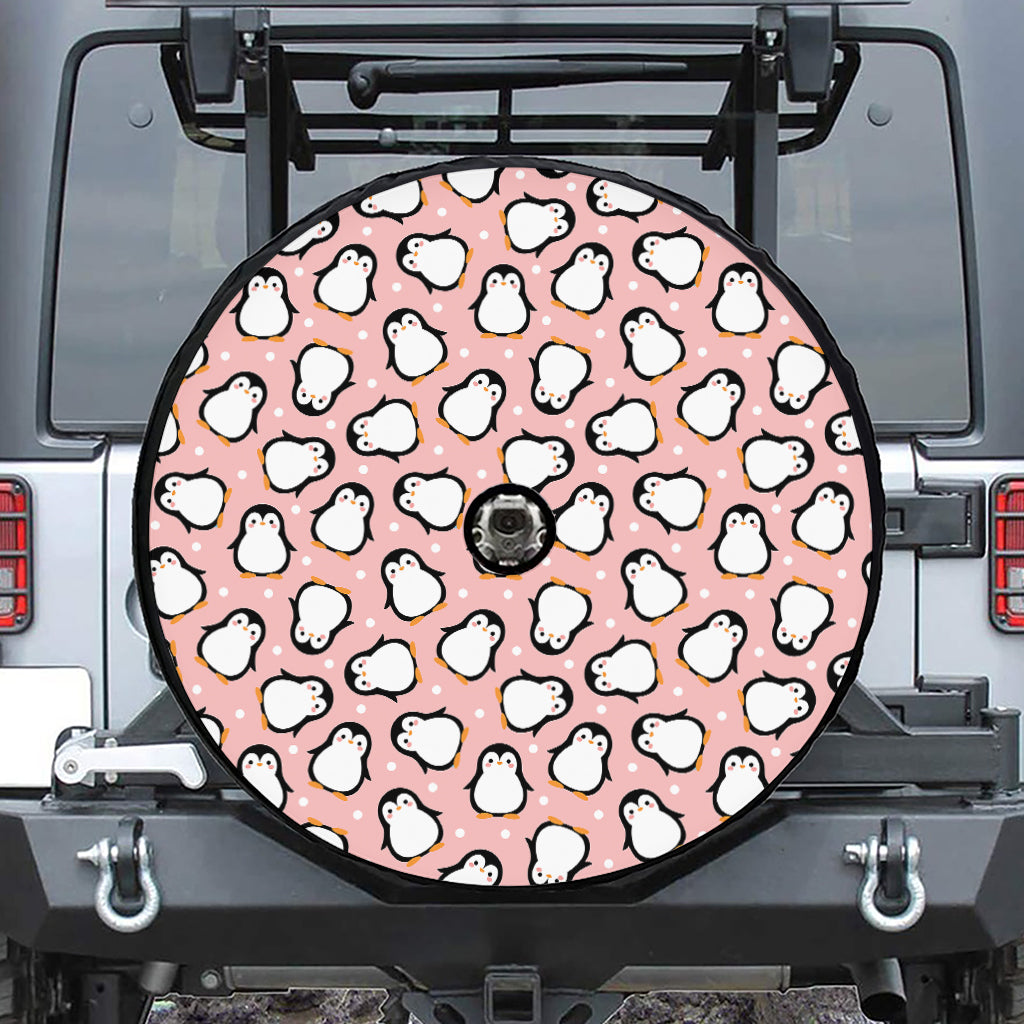 Pink Polka Dot Penguin Pattern Print Tire Cover With Camera Hole