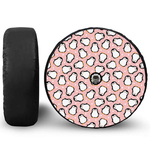 Pink Polka Dot Penguin Pattern Print Tire Cover With Camera Hole