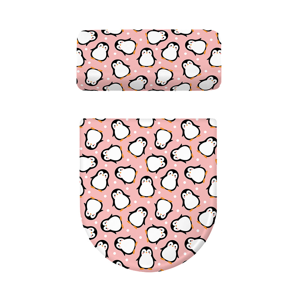 Pink Polka Dot Penguin Pattern Print Toilet Lid And Tank Cover Set