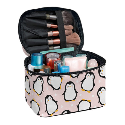 Pink Polka Dot Penguin Pattern Print Travel Makeup Bag