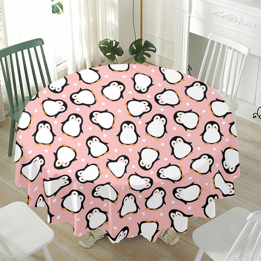 Pink Polka Dot Penguin Pattern Print Waterproof Round Tablecloth