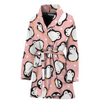 Pink Polka Dot Penguin Pattern Print Women's Bathrobe