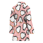 Pink Polka Dot Penguin Pattern Print Women's Bathrobe