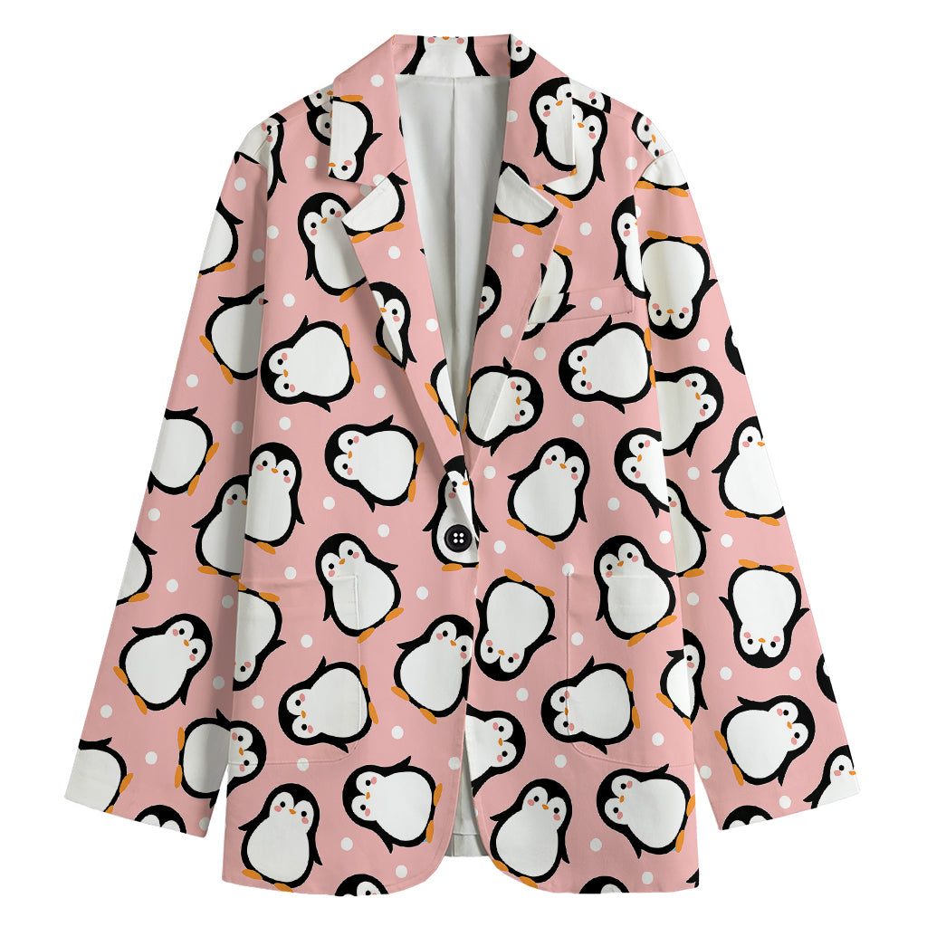 Pink Polka Dot Penguin Pattern Print Women's Blazer