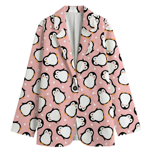 Pink Polka Dot Penguin Pattern Print Women's Blazer