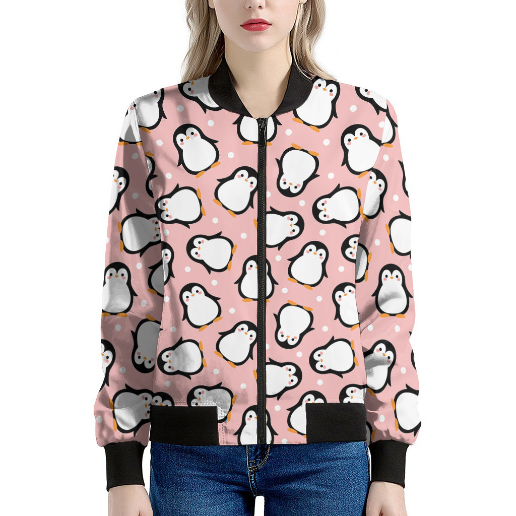 Pink Polka Dot Penguin Pattern Print Women's Bomber Jacket