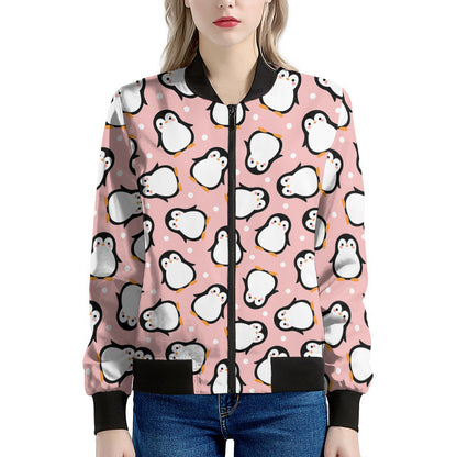 Pink Polka Dot Penguin Pattern Print Women's Bomber Jacket