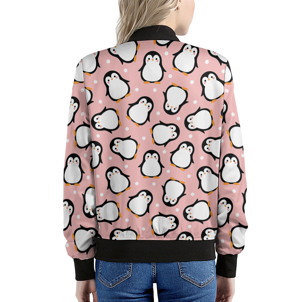 Pink Polka Dot Penguin Pattern Print Women's Bomber Jacket