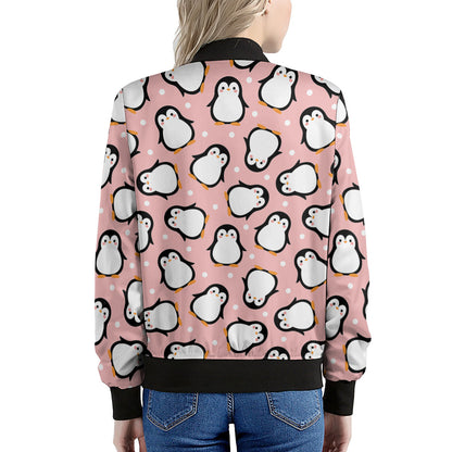 Pink Polka Dot Penguin Pattern Print Women's Bomber Jacket