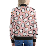 Pink Polka Dot Penguin Pattern Print Women's Bomber Jacket