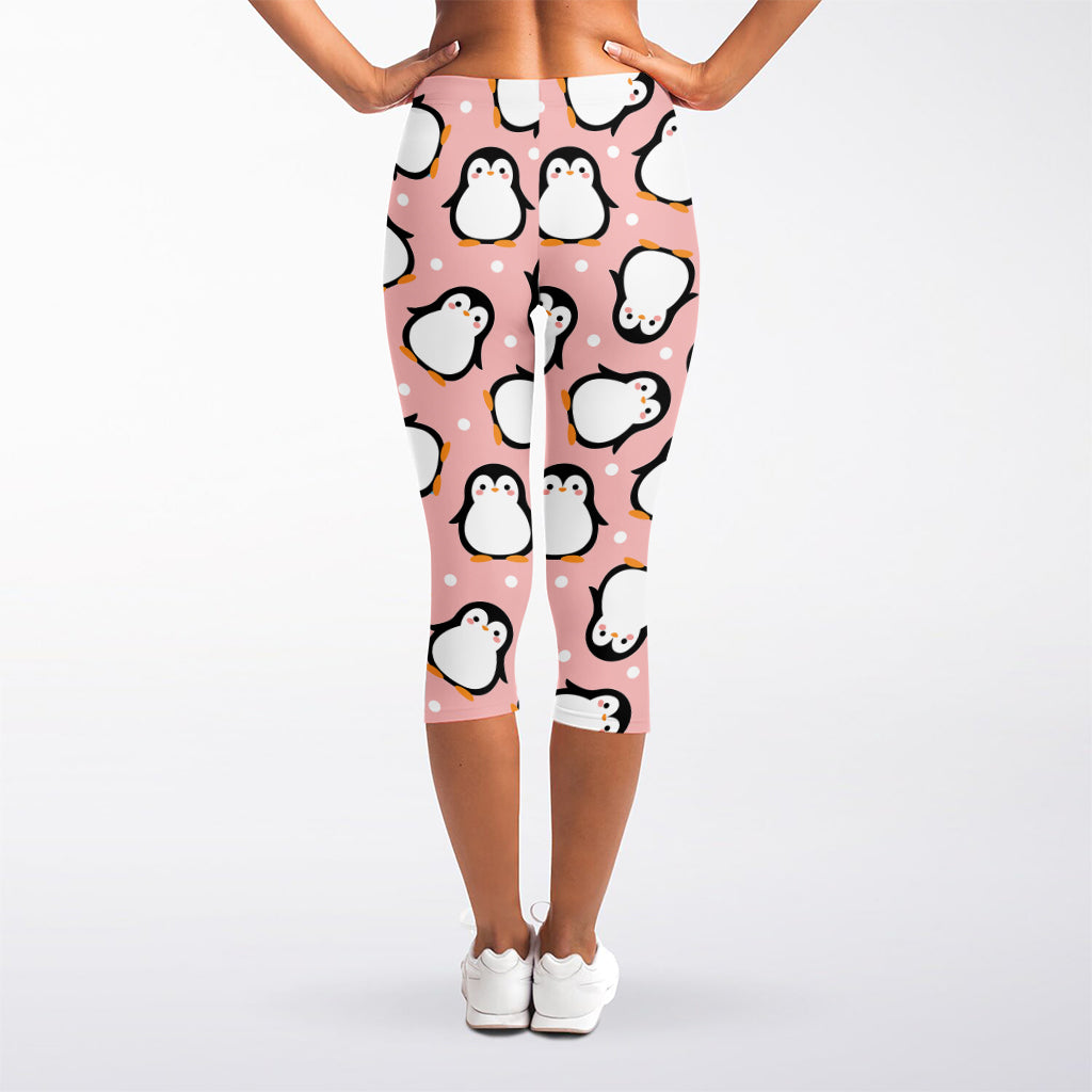 Pink Polka Dot Penguin Pattern Print Women's Capri Leggings