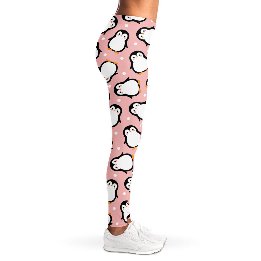 Pink Polka Dot Penguin Pattern Print Women's Leggings