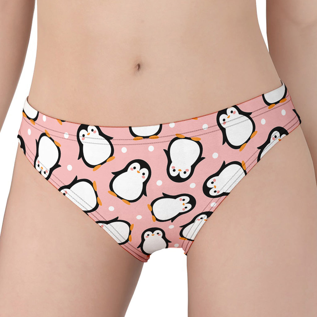 Pink Polka Dot Penguin Pattern Print Women's Panties