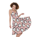 Pink Polka Dot Penguin Pattern Print Women's Sleeveless Dress