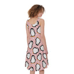 Pink Polka Dot Penguin Pattern Print Women's Sleeveless Dress