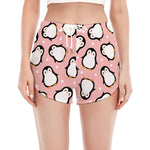 Pink Polka Dot Penguin Pattern Print Women's Split Running Shorts