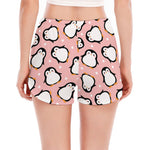 Pink Polka Dot Penguin Pattern Print Women's Split Running Shorts
