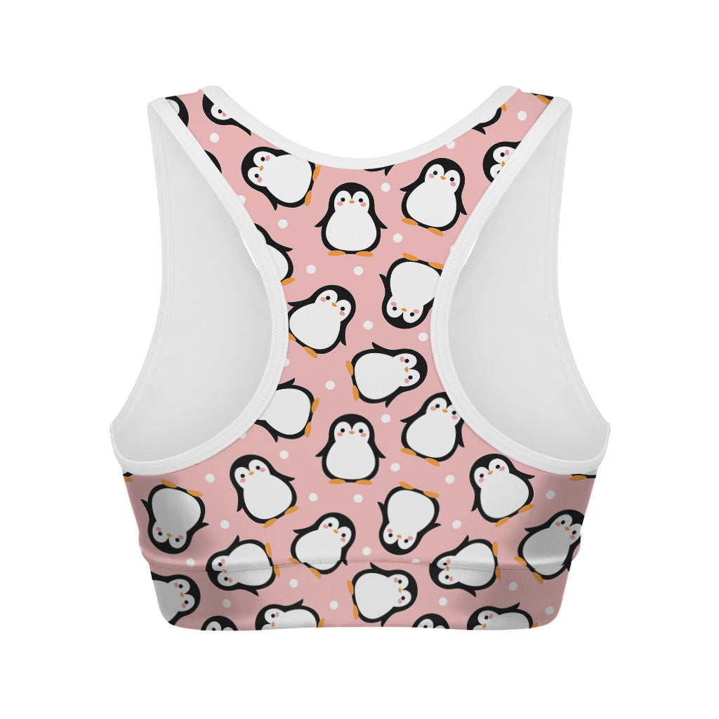 Pink Polka Dot Penguin Pattern Print Women's Sports Bra