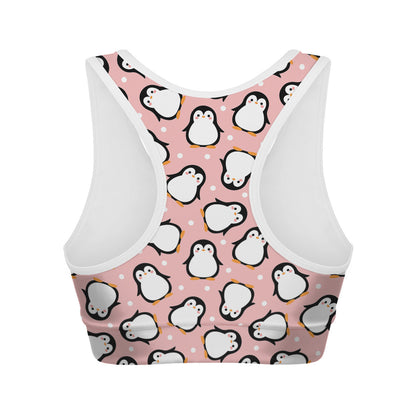 Pink Polka Dot Penguin Pattern Print Women's Sports Bra