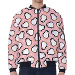 Pink Polka Dot Penguin Pattern Print Zip Sleeve Bomber Jacket