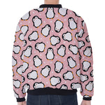 Pink Polka Dot Penguin Pattern Print Zip Sleeve Bomber Jacket