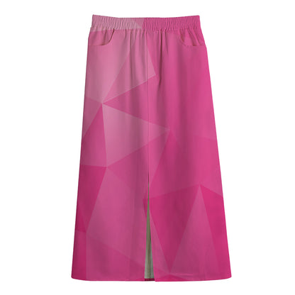 Pink Polygonal Geometric Print Cotton Front Slit Maxi Skirt