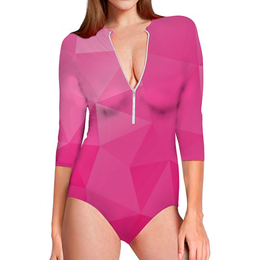 Pink Polygonal Geometric Print Long Sleeve Swimsuit