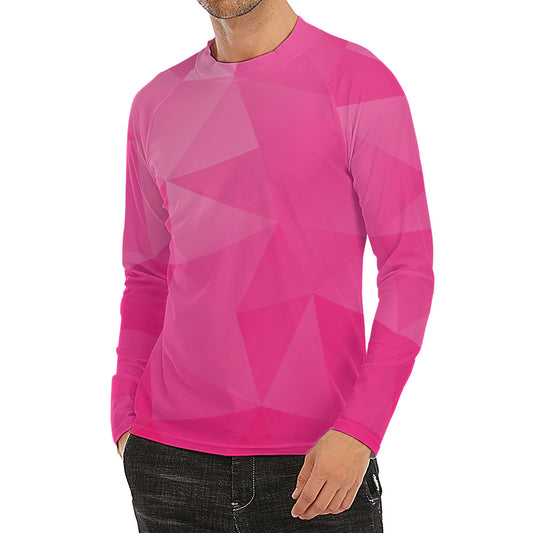 Pink Polygonal Geometric Print Men's Long Sleeve Rash Guard