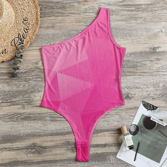 Pink Polygonal Geometric Print One Shoulder Bodysuit