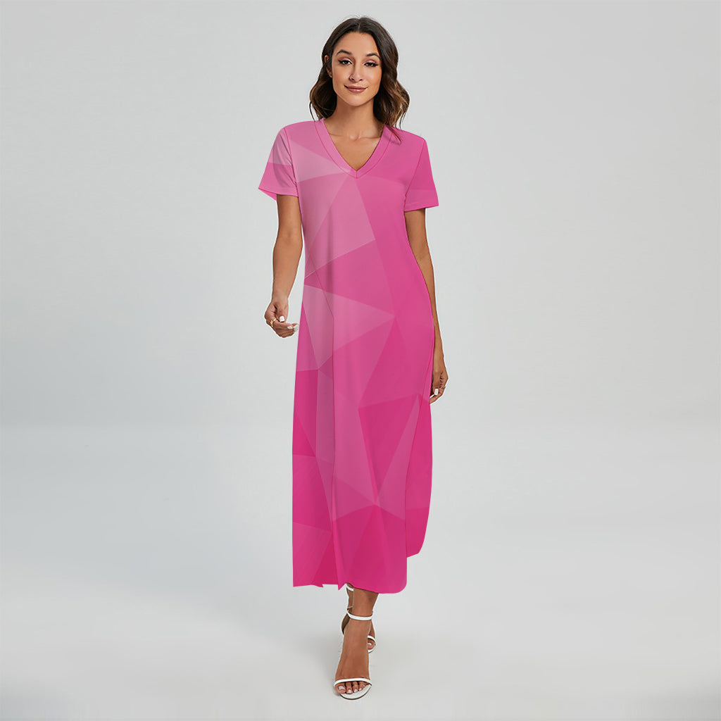 Pink Polygonal Geometric Print Short Sleeve Maxi Dress
