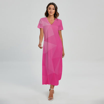 Pink Polygonal Geometric Print Short Sleeve Maxi Dress
